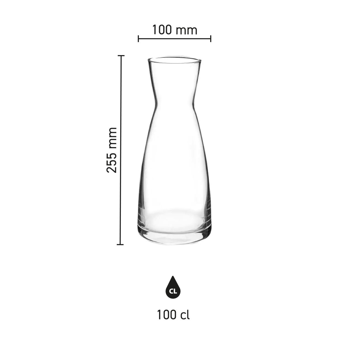 Infographic of Carafe Ypsilon 1 litre glass with height and diameter distribution.