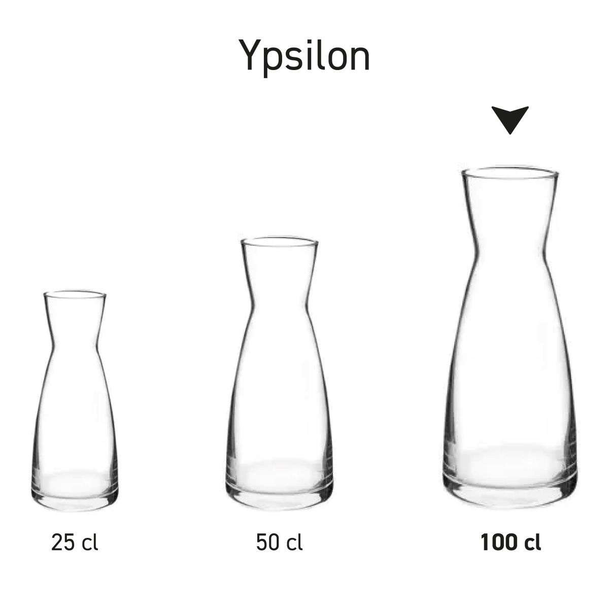 Multiple glass decanters Ypsilon displayed side by side as a product series.