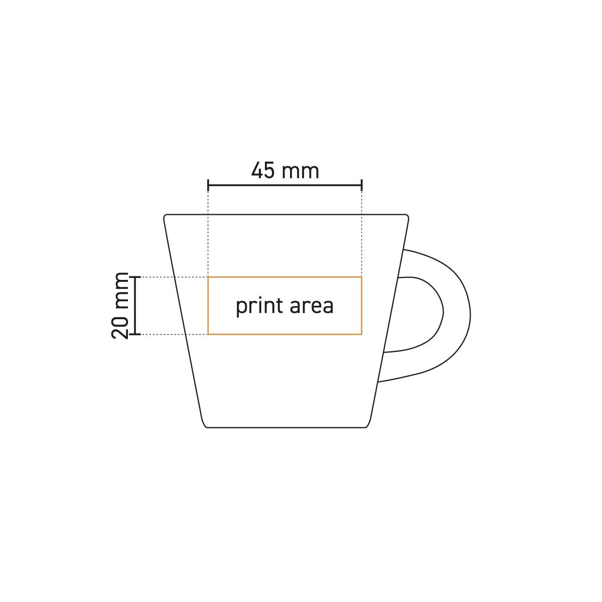 Technical drawing shows printable surface on coffee cup Neo Budgetline 19 cl. made of white porcelain.