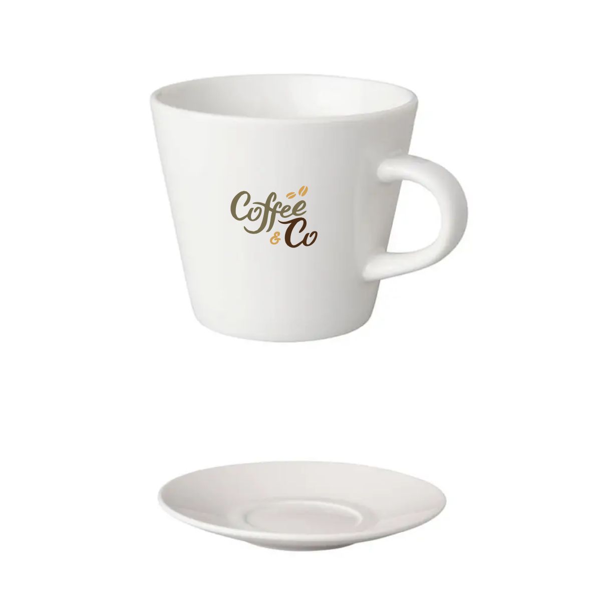 Coffee Neo Budgetline white 19 cl. SET with multicoloured CoffeeCo logo on the front of the service.