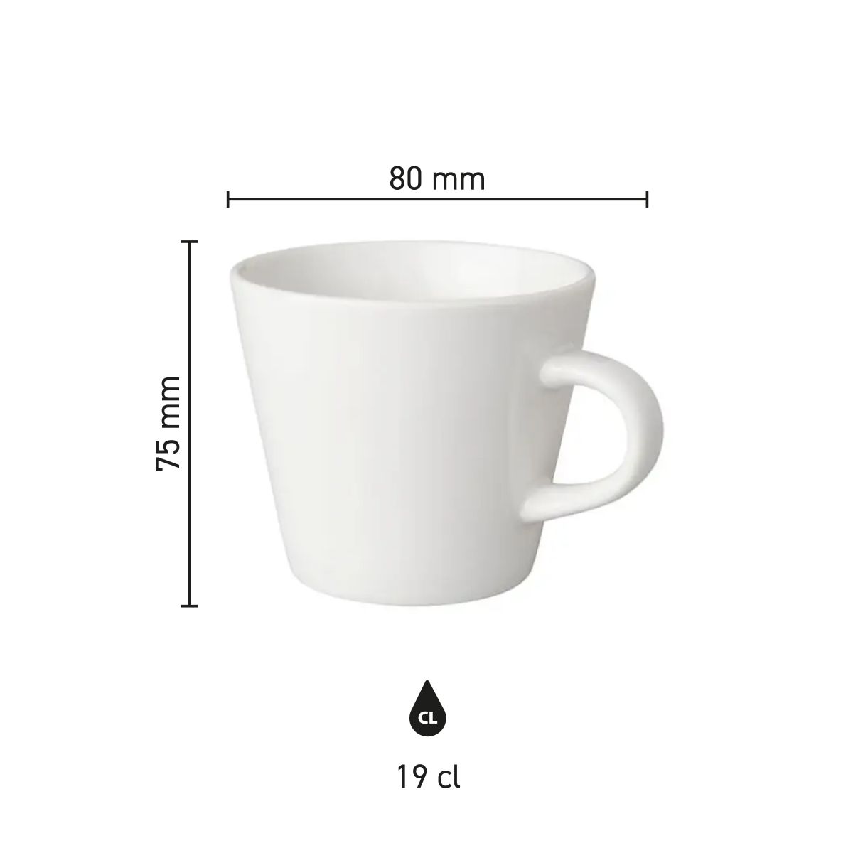 Sizes of the Neo Budgetline coffee cup 19 cl white porcelain in infographic with height and diameter.