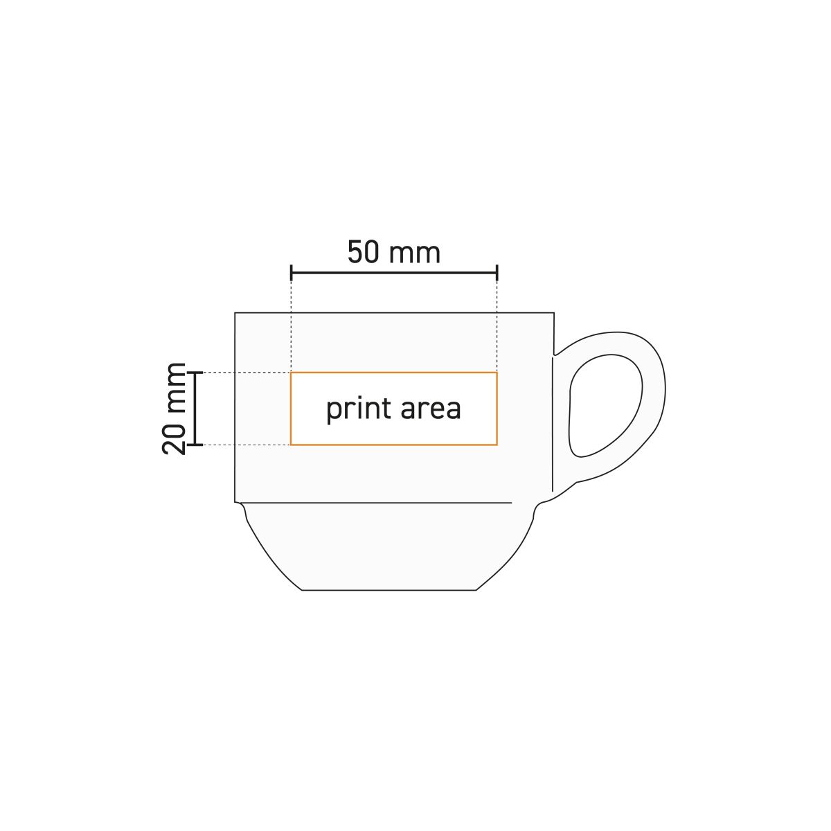 Technical working drawing of coffee cup Mammoth Budgetline 20 cl. porcelain with print area indication.