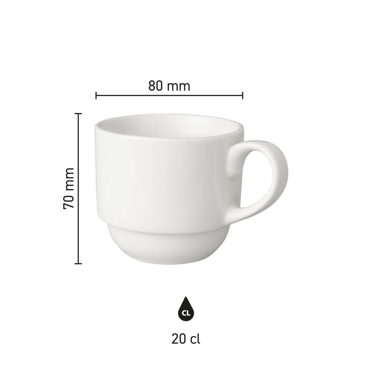 Infographic shows dimensions of coffee cup Mammoth Budgetline 20 cl porcelain with diameter and height.
