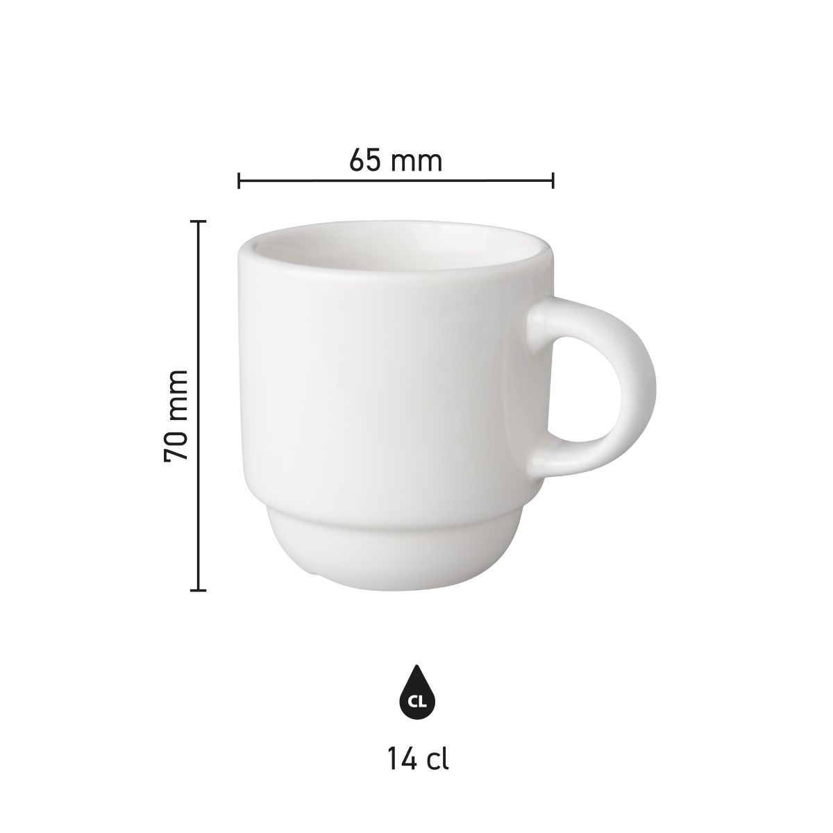 Infographic met afmetingen van de Budgetline Smal koffiekop 14 cl porselein, inclusief inhoud en hoogte.
