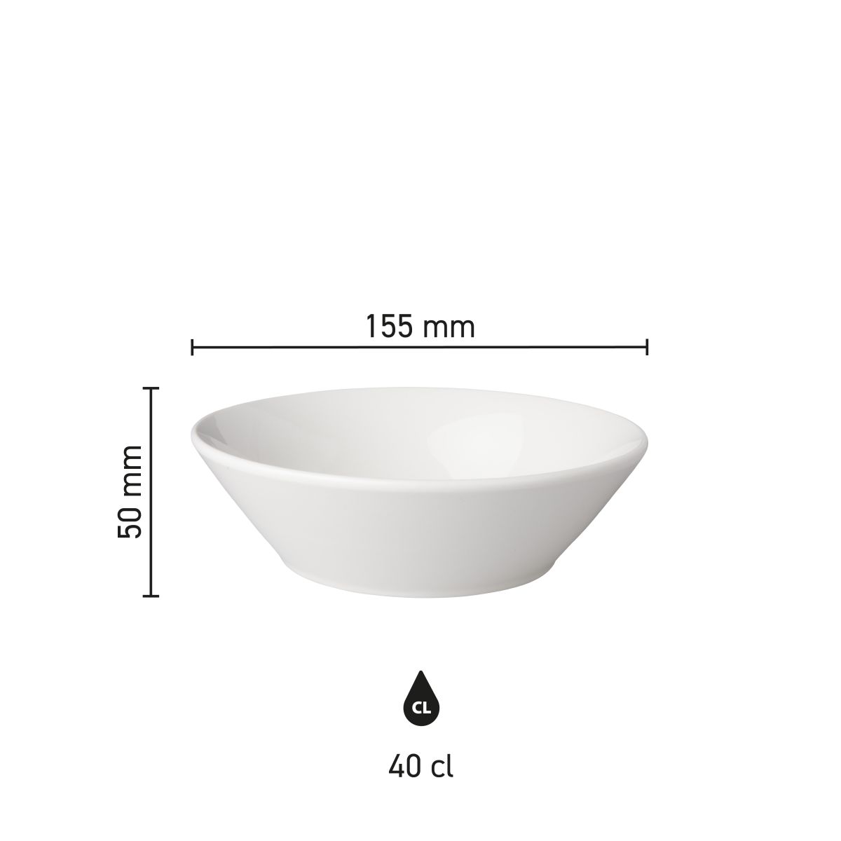 Infographic showing dimensions of porcelain bowl Mammoth Neo Budgetline 15.5 cm including diameter and height.