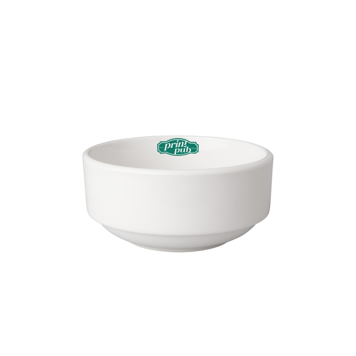 White Bowl Budgetline 11 cm with one-colour PrintPub logo on the front face.