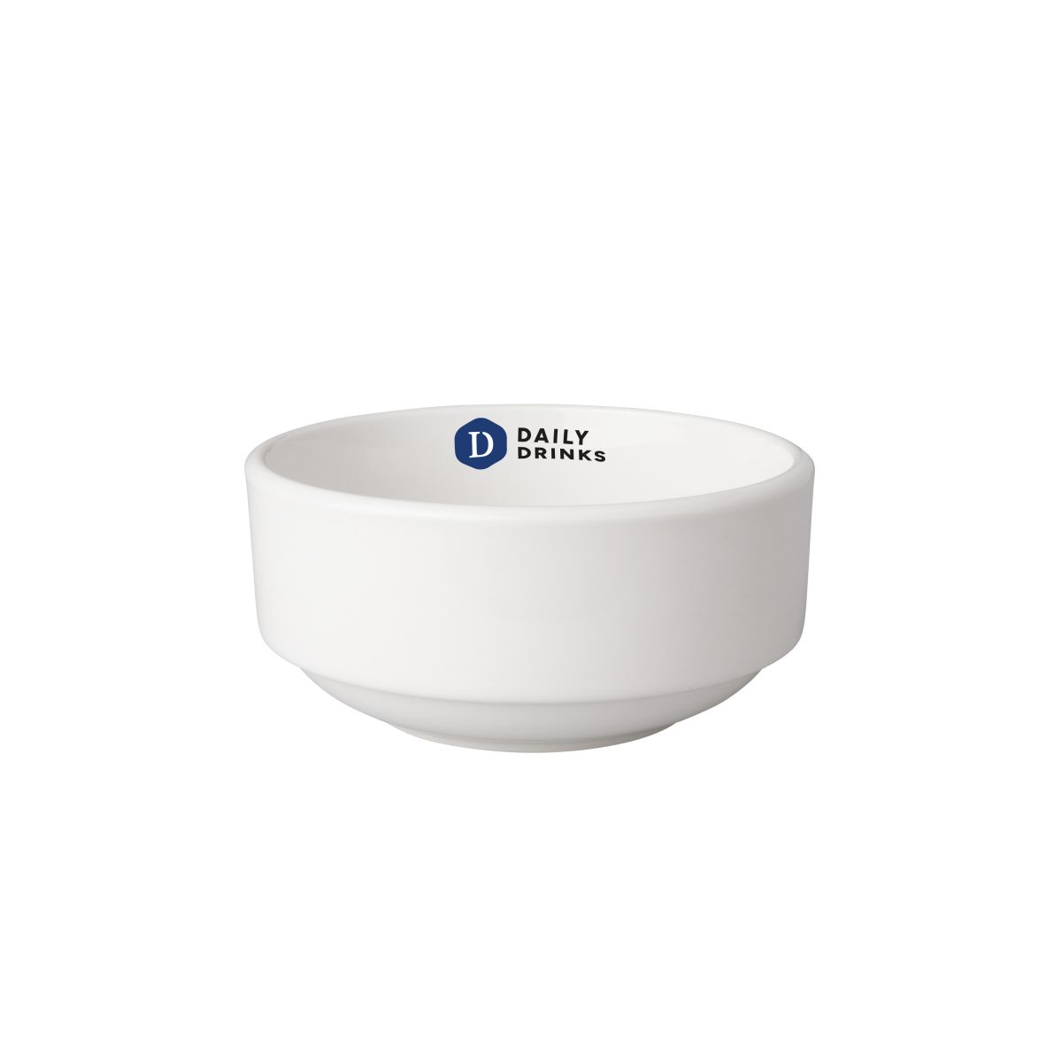 Multicoloured DailyDrinks logo on white bowl Budgetline 11 cm porcelain, visible on the front.