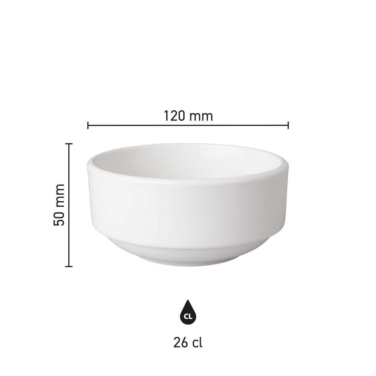 Infographic showing dimensions of porcelain bowl Budgetline 11 cm, including diameter and height in image.