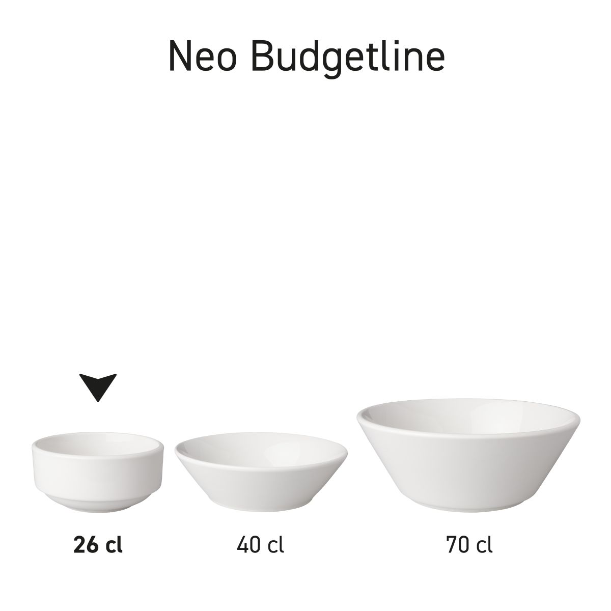 Overview of porcelain bowls Budgetline in series, white model in various positions.