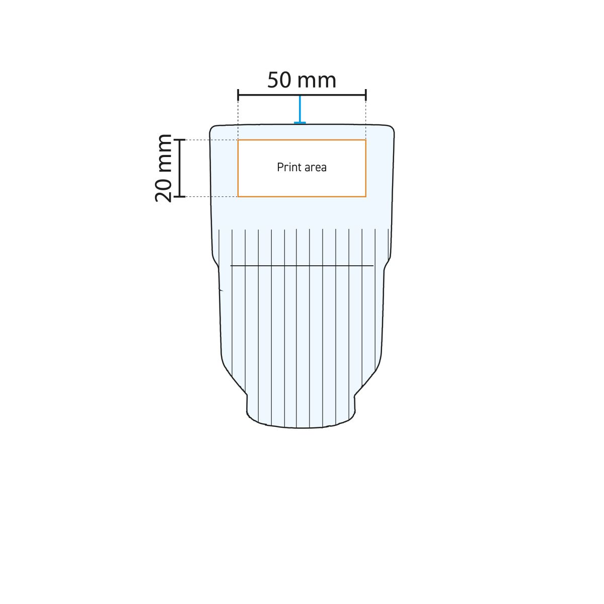 Printing area for personalisation on glass Onis 34.5 cl shown in technical working drawing.
