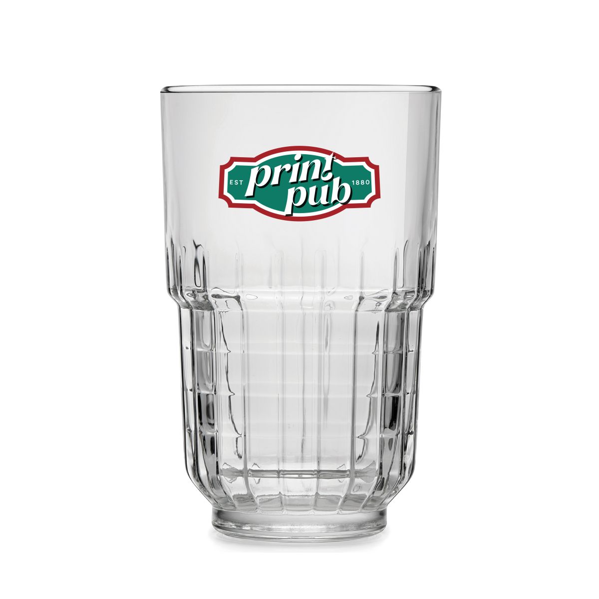 Multicoloured PrintPub logo on front view of Onis long drink glass 34.5 cl.