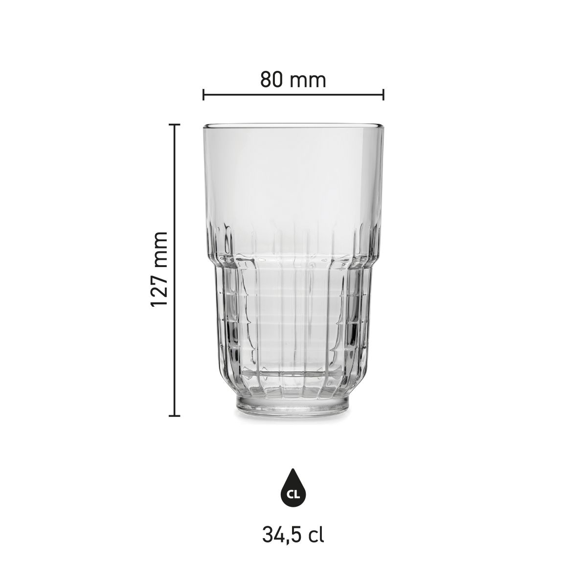 Infographic shows height, diameter and capacity of long drink glass Onis 34.5 cl.