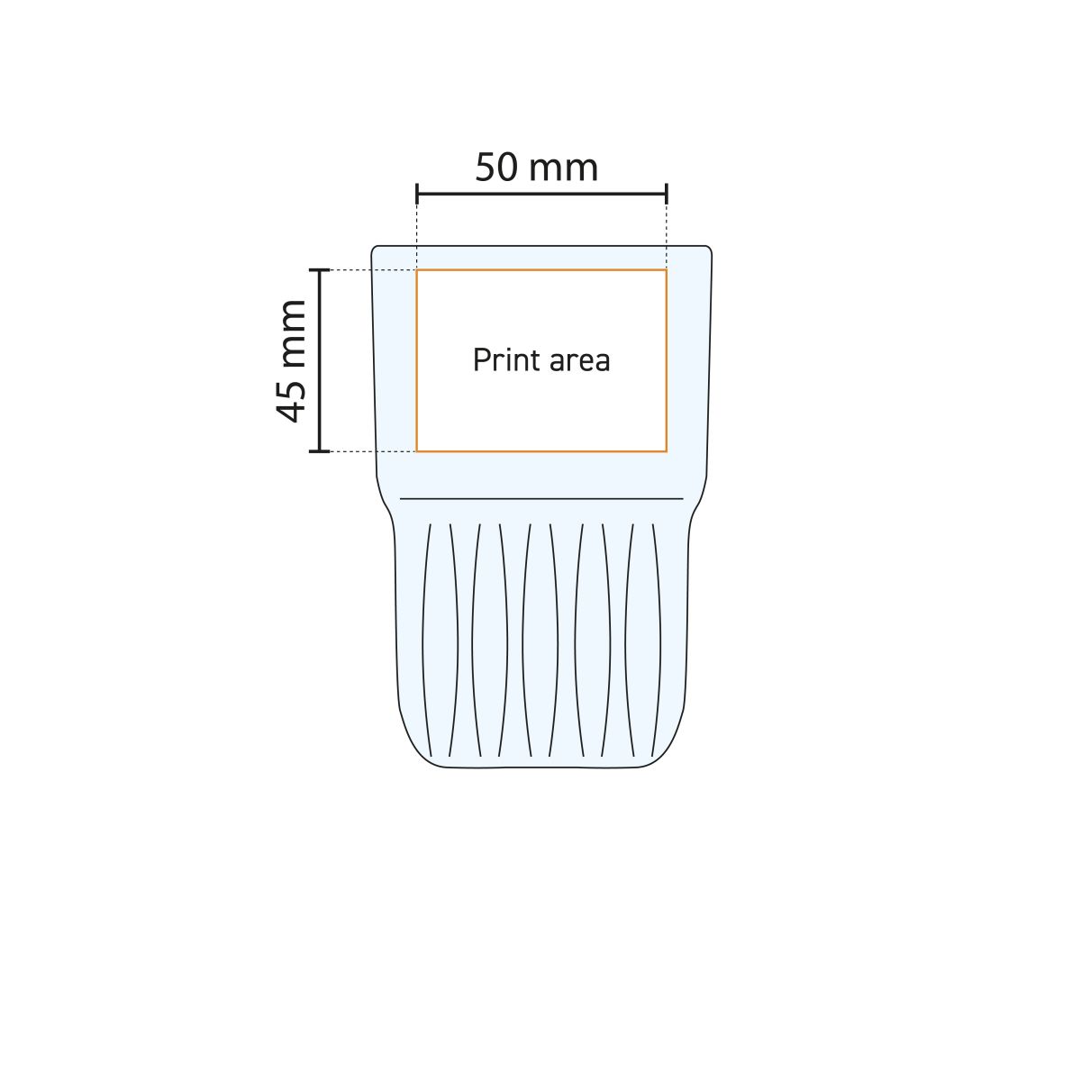 Printing area on the Onis Everest glass 26.5 cl shown in a technical working drawing.