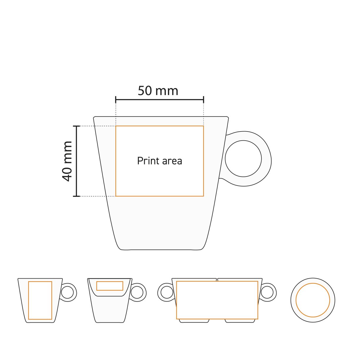 Technical working drawing of the Lukas cappuccino cup 19.5 cl porcelain with indication of the pressure area.