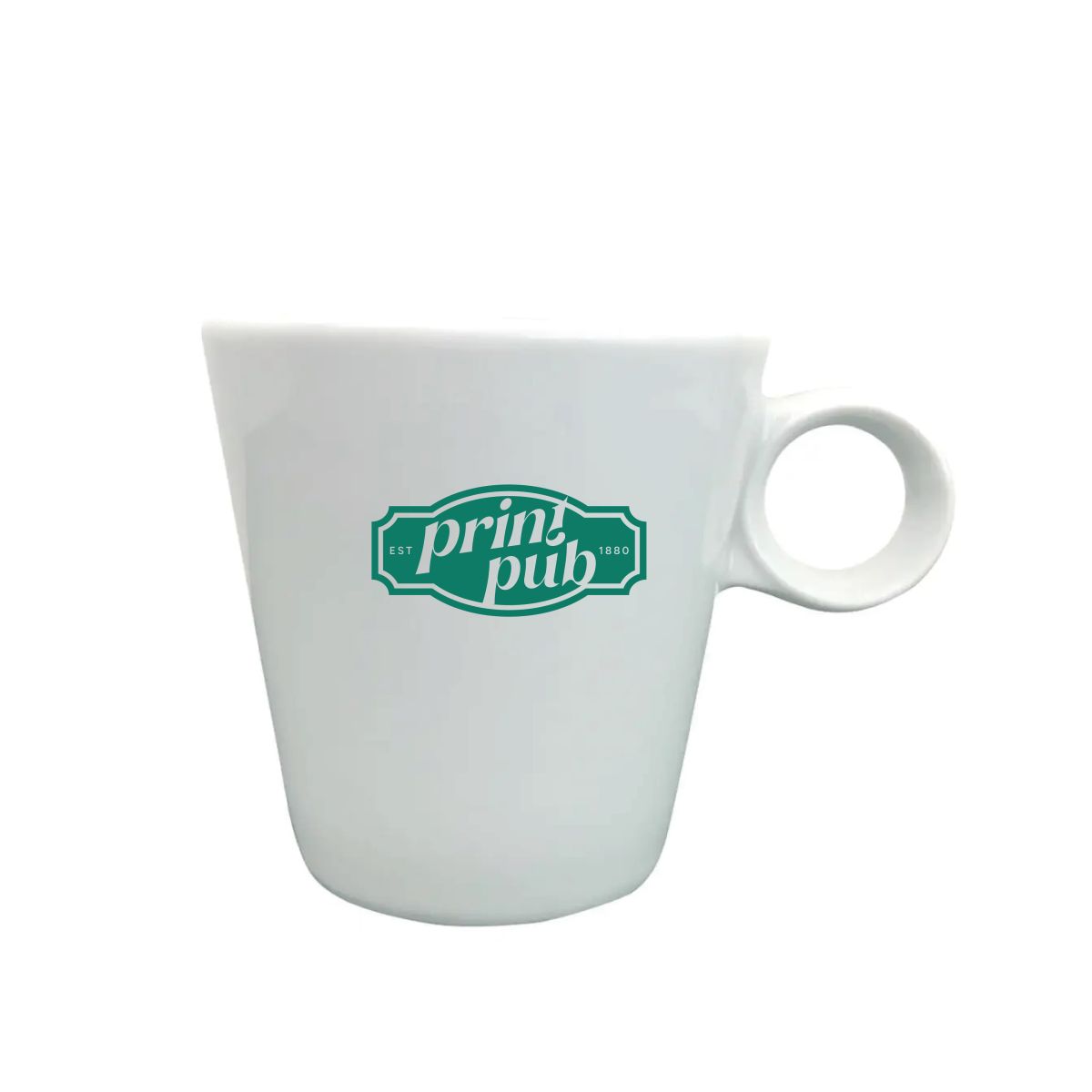 Lukas cappuccino cup white 19.5 cl with PrintPub logo in one colour visible on the front view.