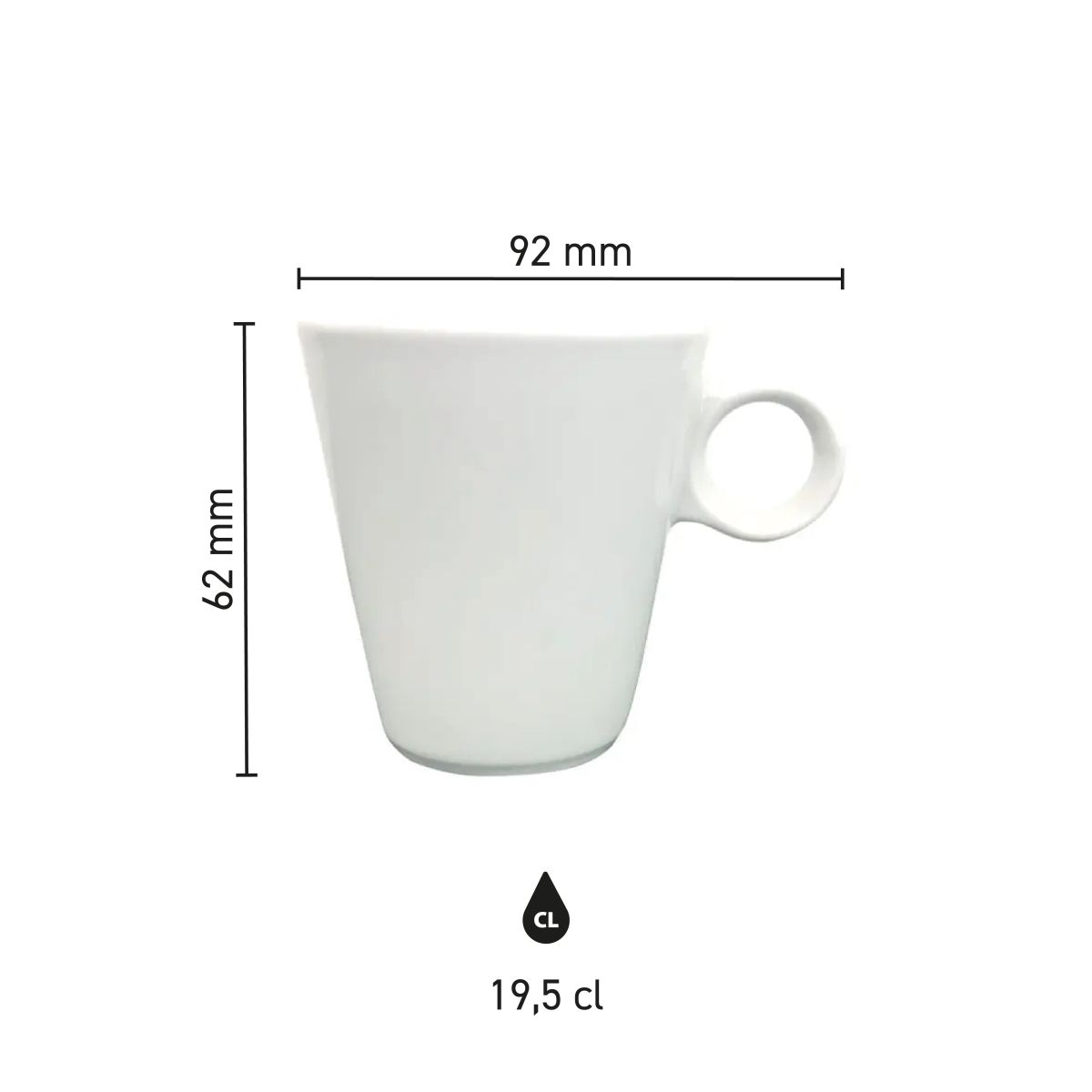 Overview of the dimensions of the Lukas cappuccino cup 19.5 cl white porcelain in graphical representation.