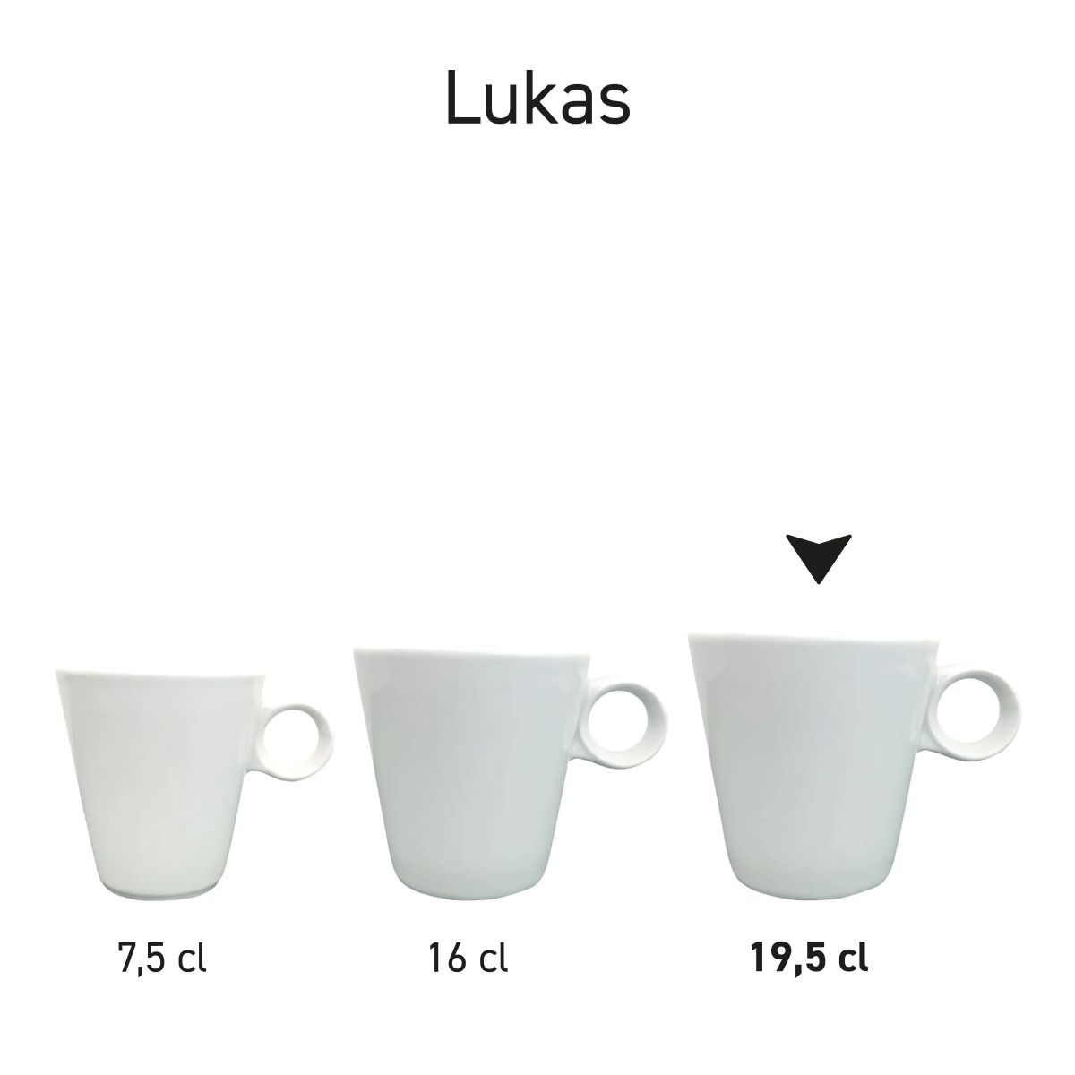 Series of white Lukas porcelain cappuccino cups, arranged side by side.