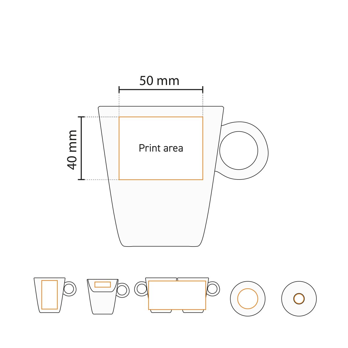 Technische werktekening van de Lukas Cappuccino wit 19.5 cl. Set met aanduiding van het drukgebied.
