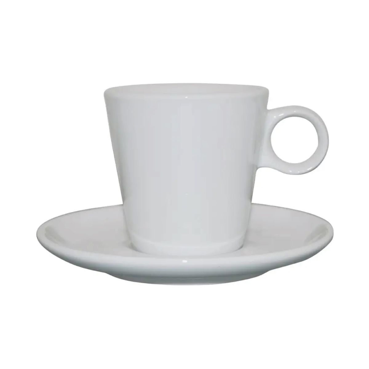 Voorzijde van de Lukas Cappuccino wit 19.5 cl. Set, uitgevoerd in glad porselein. Voorzijde van de Lukas Cappuccino wit 19.5 cl. Set, uitgevoerd in glad porselein.