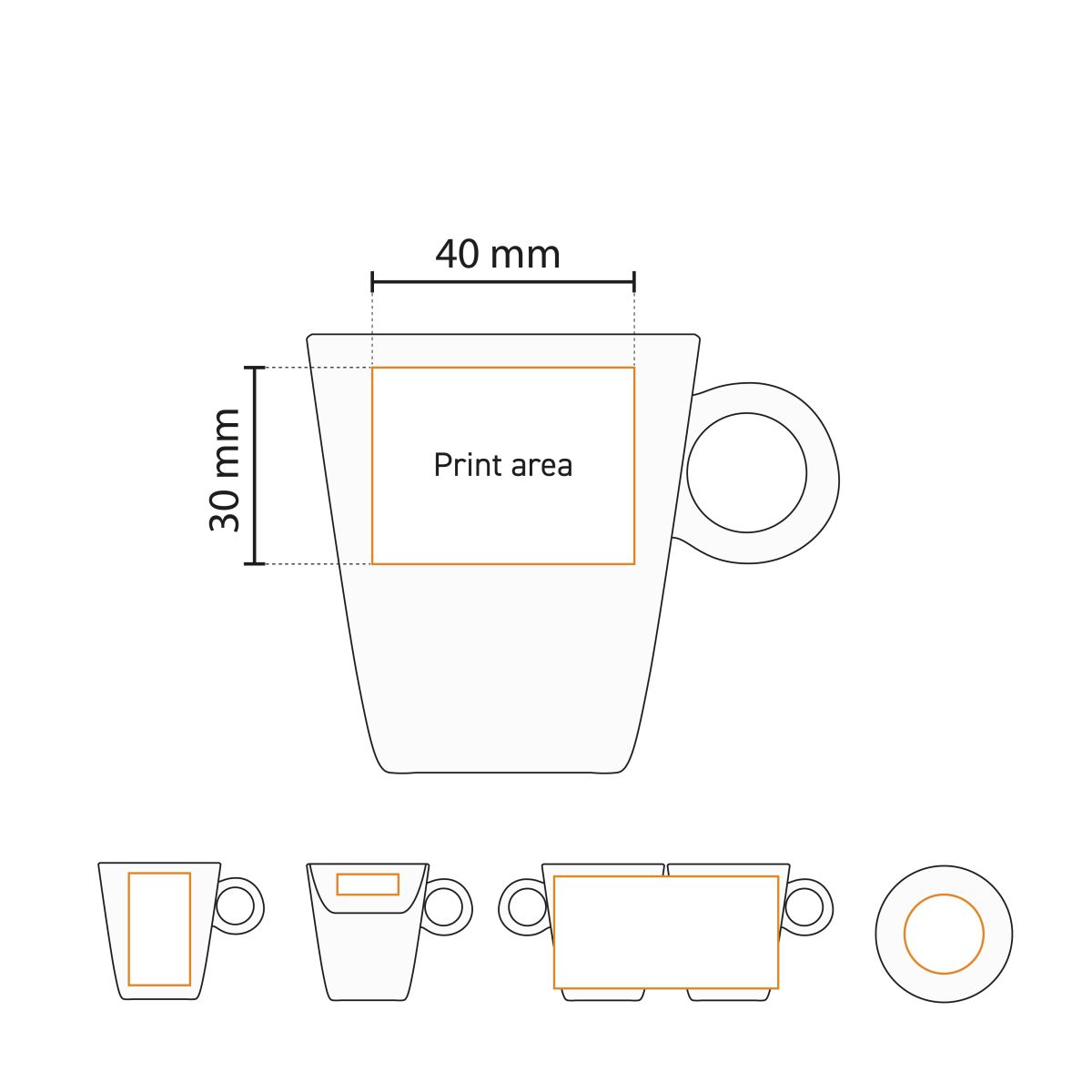 Technical working drawing with printing area of the 7.5 cl Lukas cup for logo printing.
