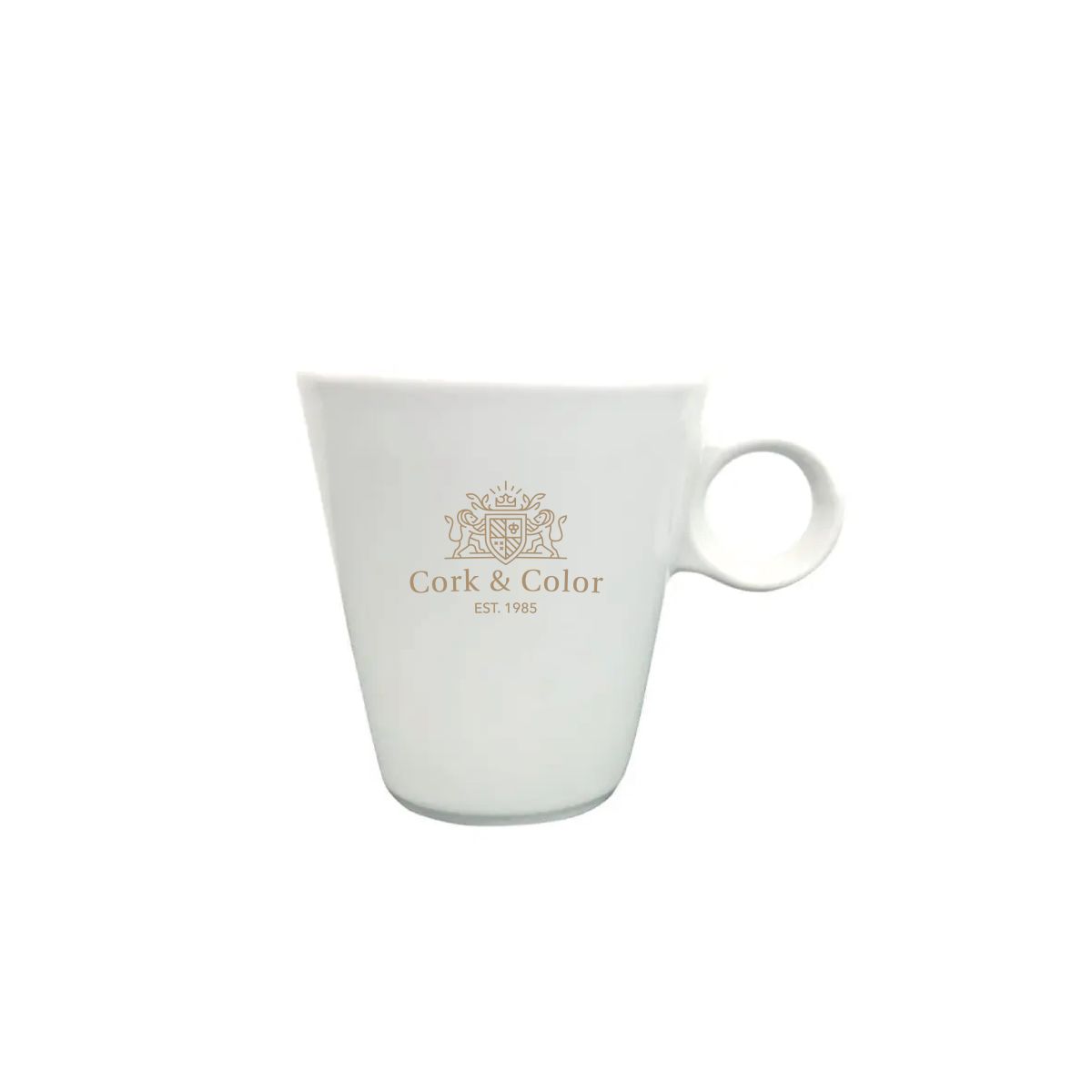 White 7.5 cl espresso cup with one-coloured CorkColor logo printed on the front.