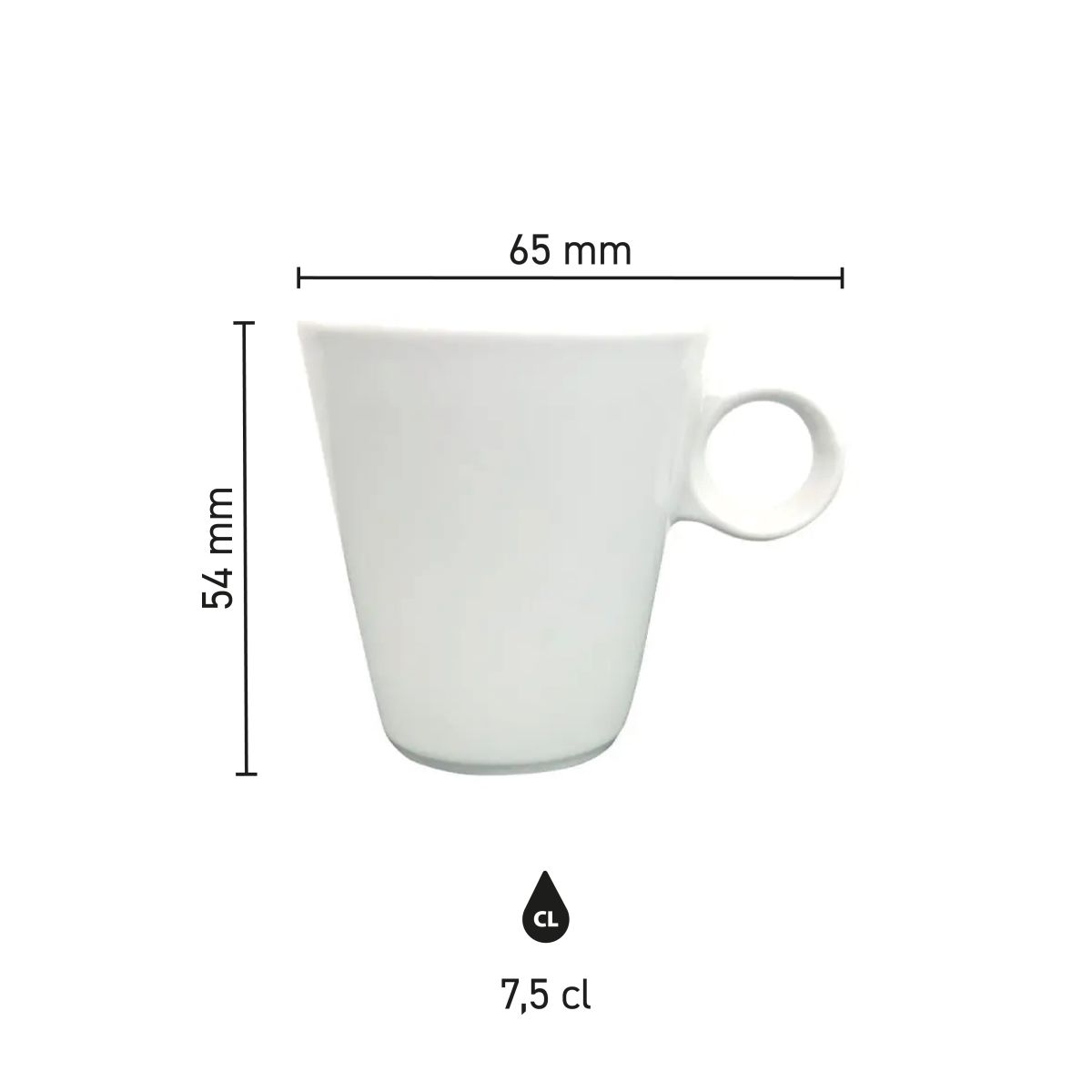 Infographic showing product dimensions of the Lukas espresso cup 7.5 cl, including height and diameter.