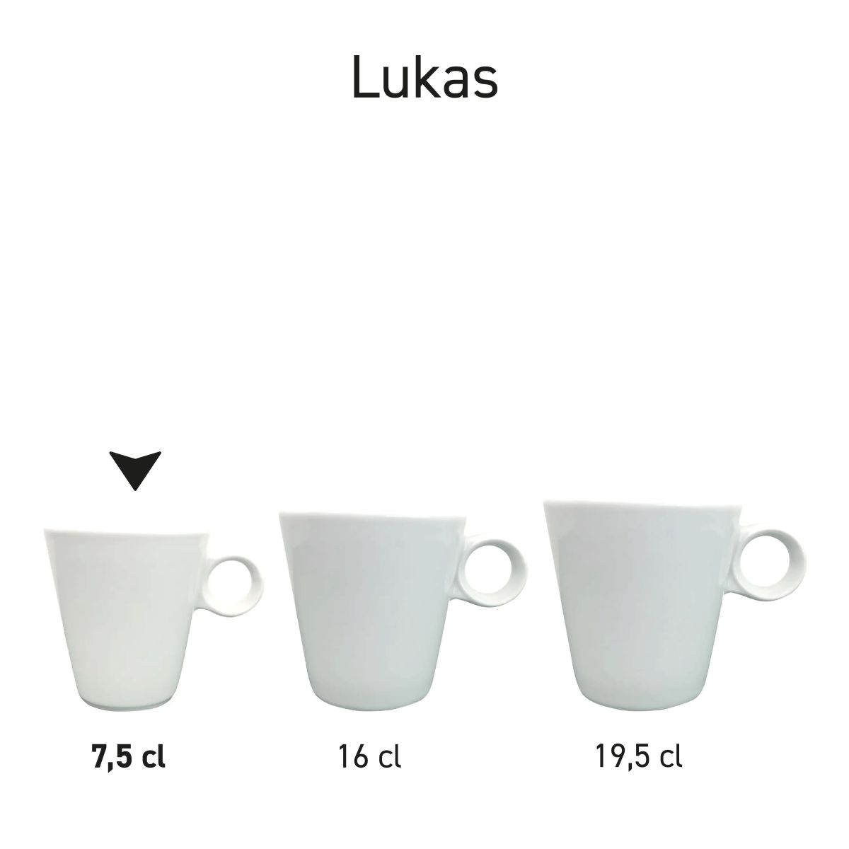 White espresso cups from the same series in different sizes, arranged side by side