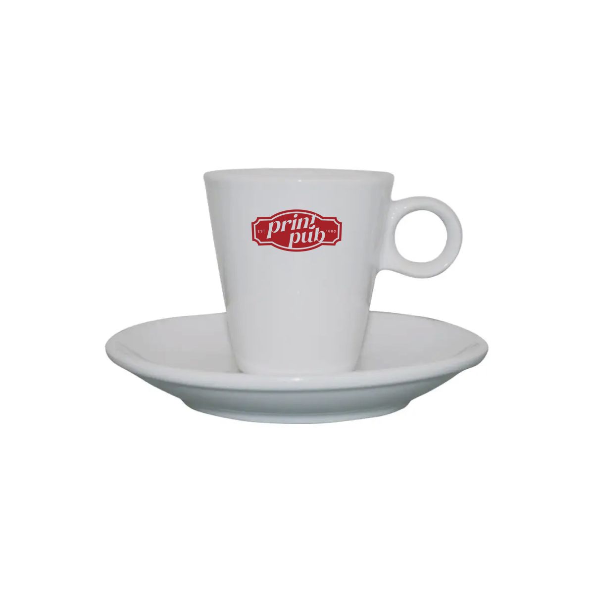 Lukas espresso white 7.5 cl from SET with PrintPub logo in one colour on the front face of the porcelain.