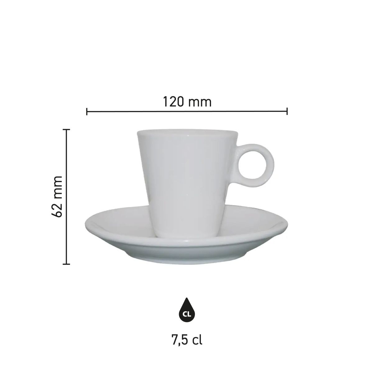 Infographic showing product dimensions of the Lukas espresso white 7.5 cl SET porcelain.