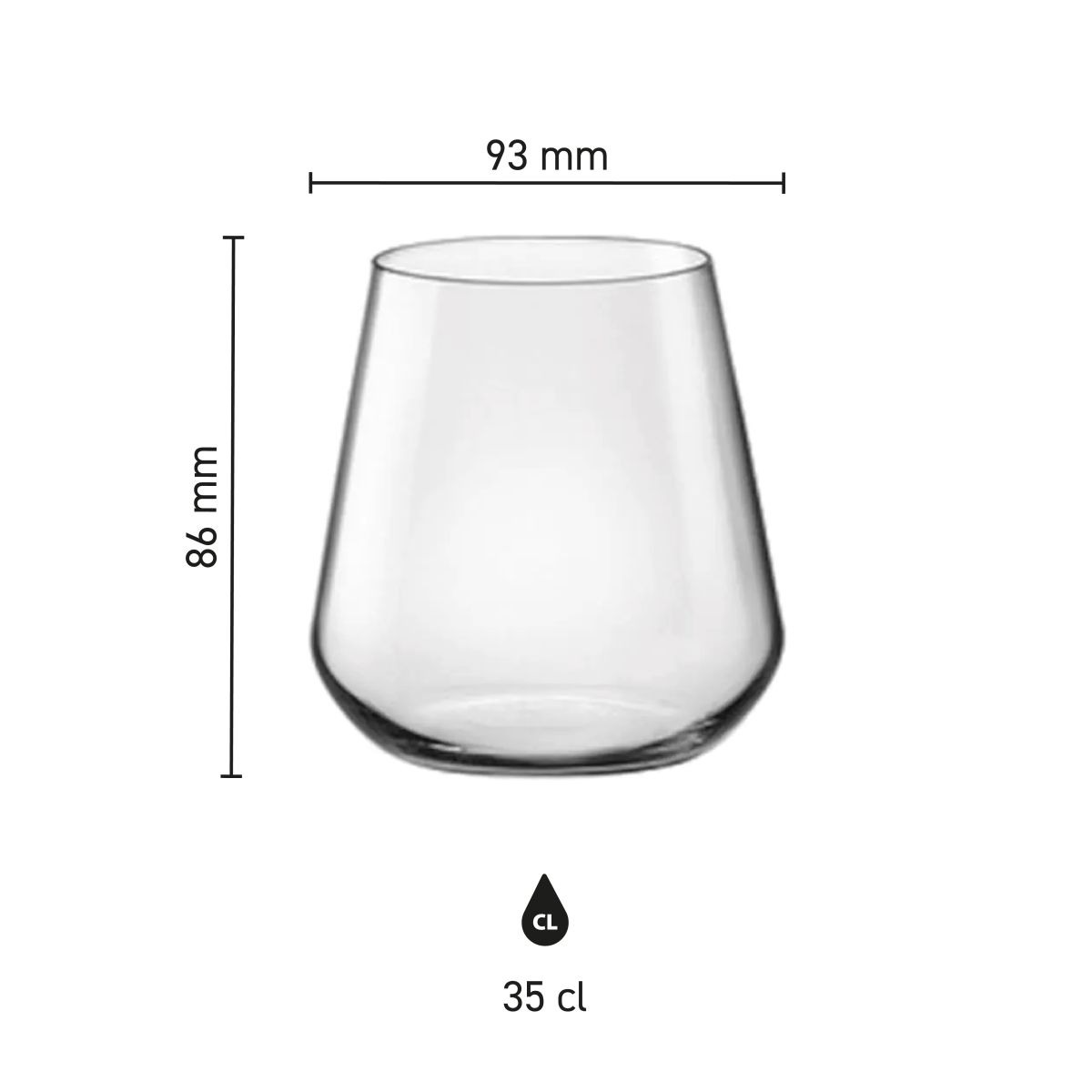 Infographic met productafmetingen van het Mencia whiskyglas 35 cl, inclusief hoogte en diameter.