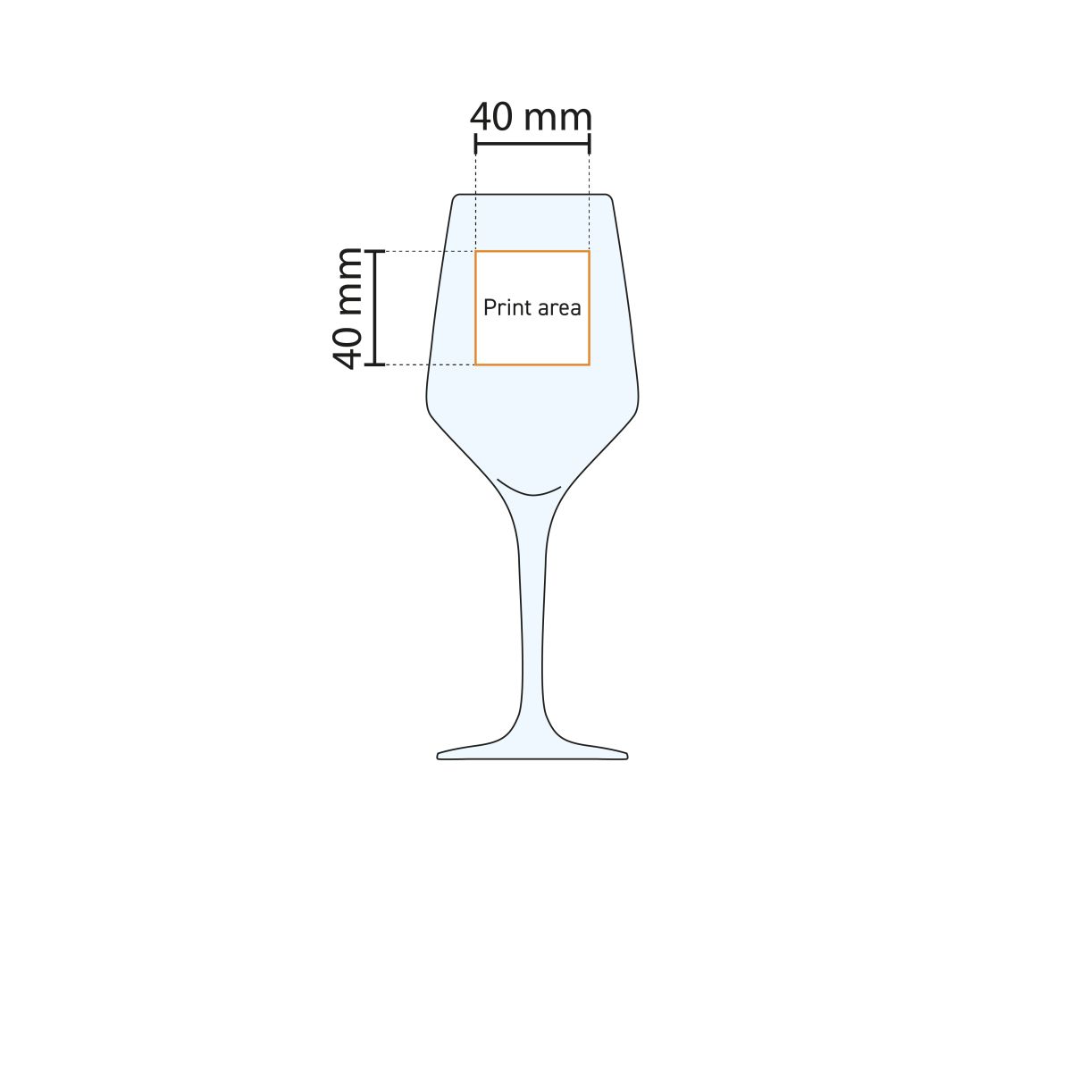 Technical working drawing indicating the pressure area on the Mencia wine glass 25 cl.