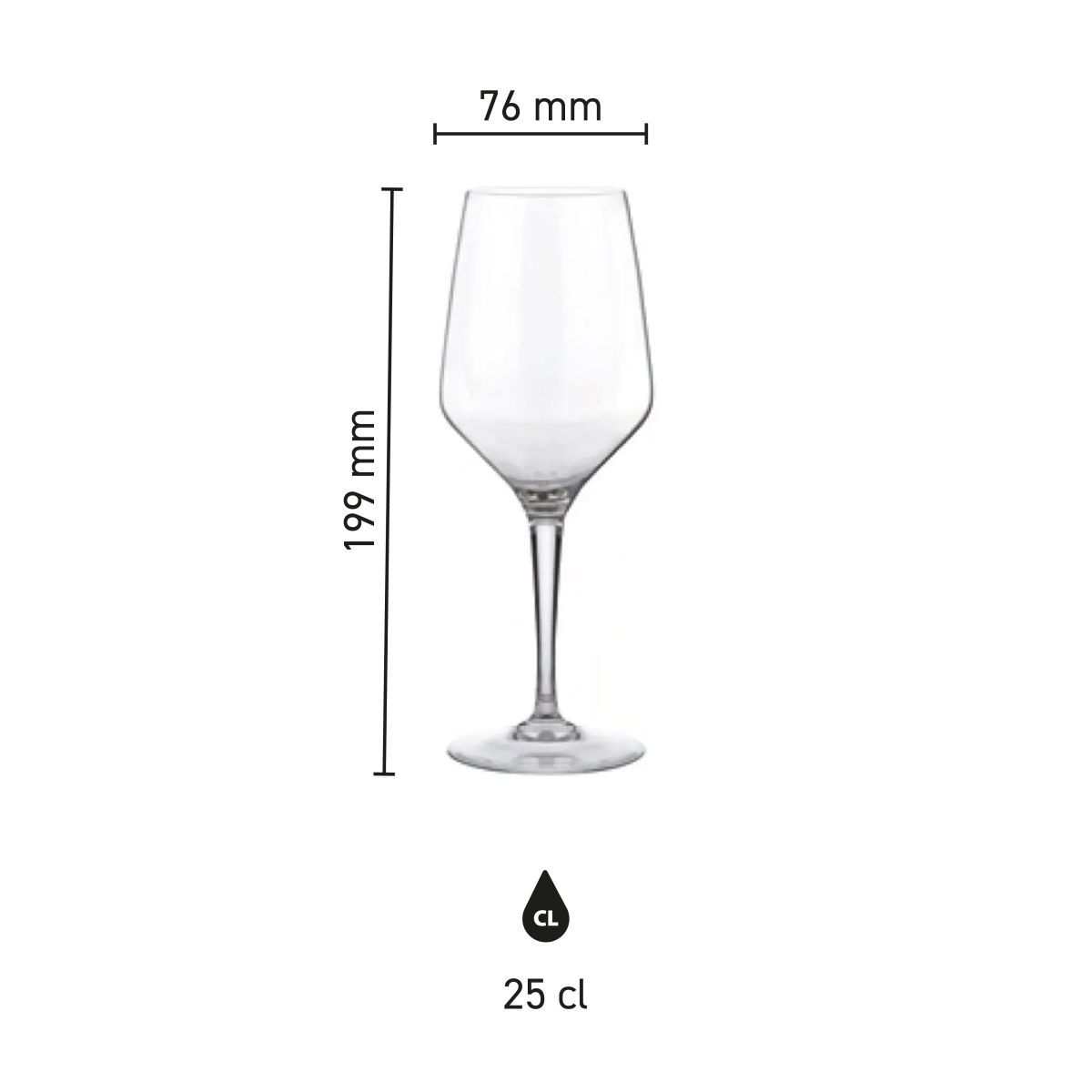 Infographic shows the exact dimensions of the Mencia wine glass 25 cl. in millimetres.