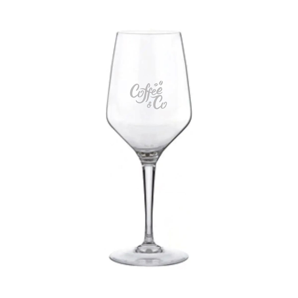 Gravure van het CoffeeCo-logo zichtbaar op de voorzijde van het Mencia wijnglas 31 cl.