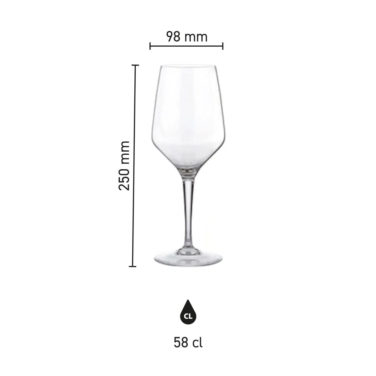 Infographic met hoogte en diameter van het Mencia wijnglas 58 cl. weergegeven.