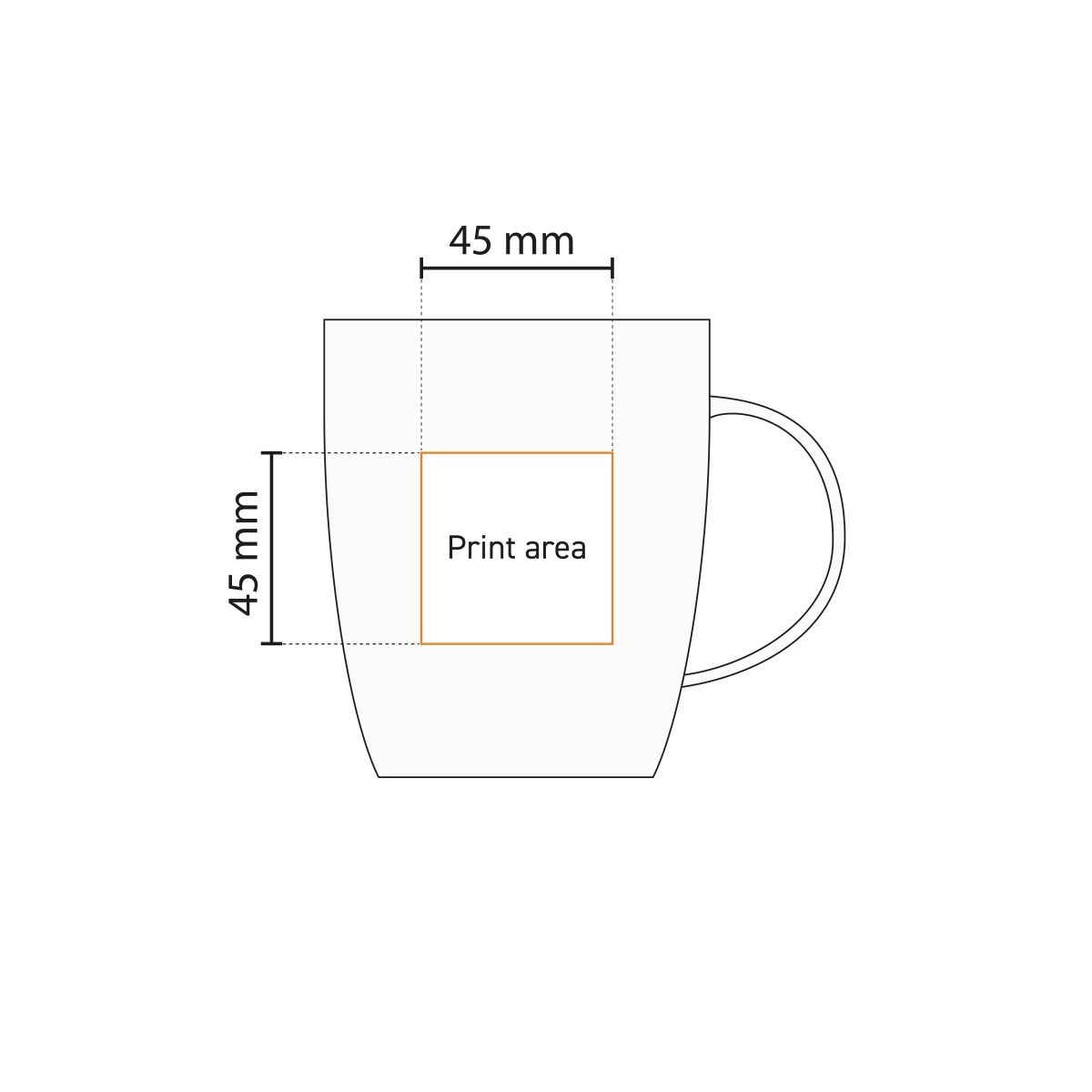 Technical working drawing shows the printing area of the Mini Specta mug 28 cl. with logo area.