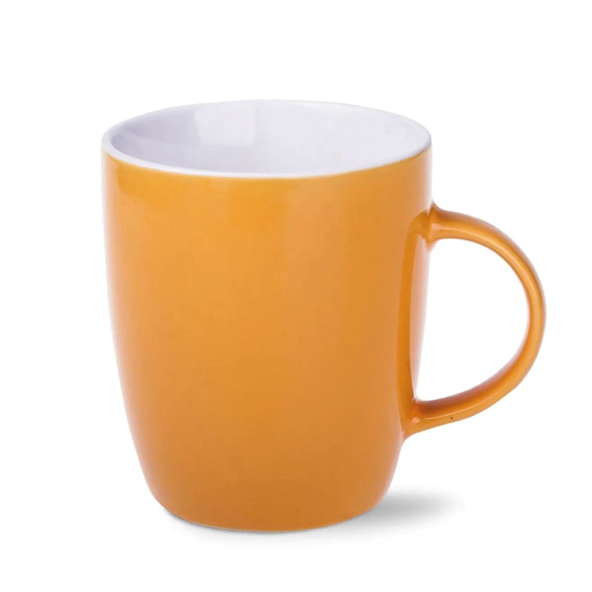 Front view of the Mini Specta Mug 28 cl.  finished in yellow porcelain with straight wall and handle.