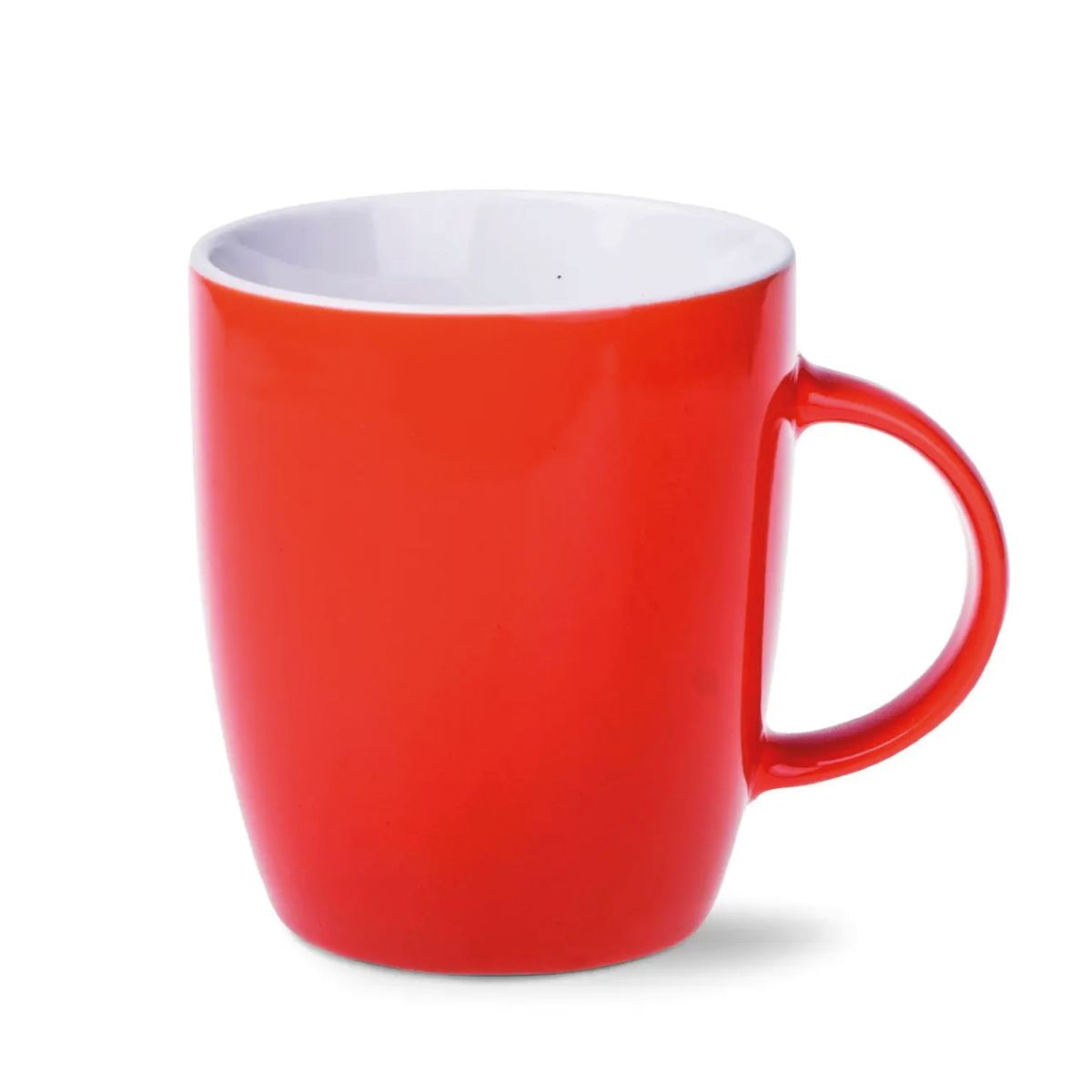 Front view of the Mini Specta Mug 28 cl. in orange porcelain with straight wall and handle.