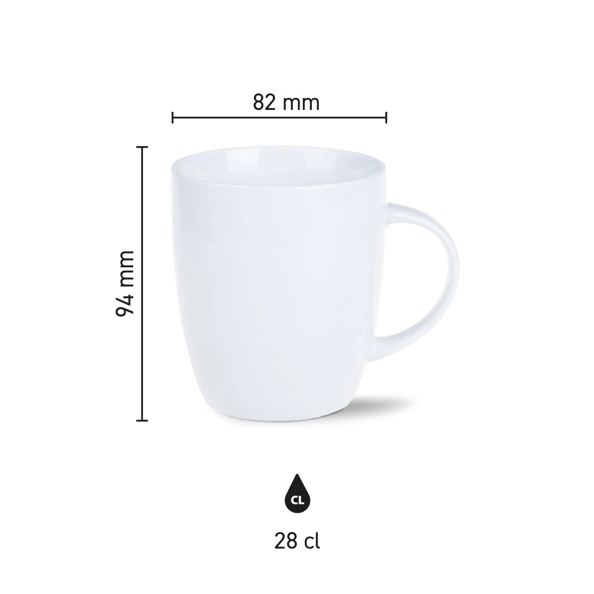 Infographic showing height, diameter and capacity of the Mini Specta mug 28 cl. in clear scale view.