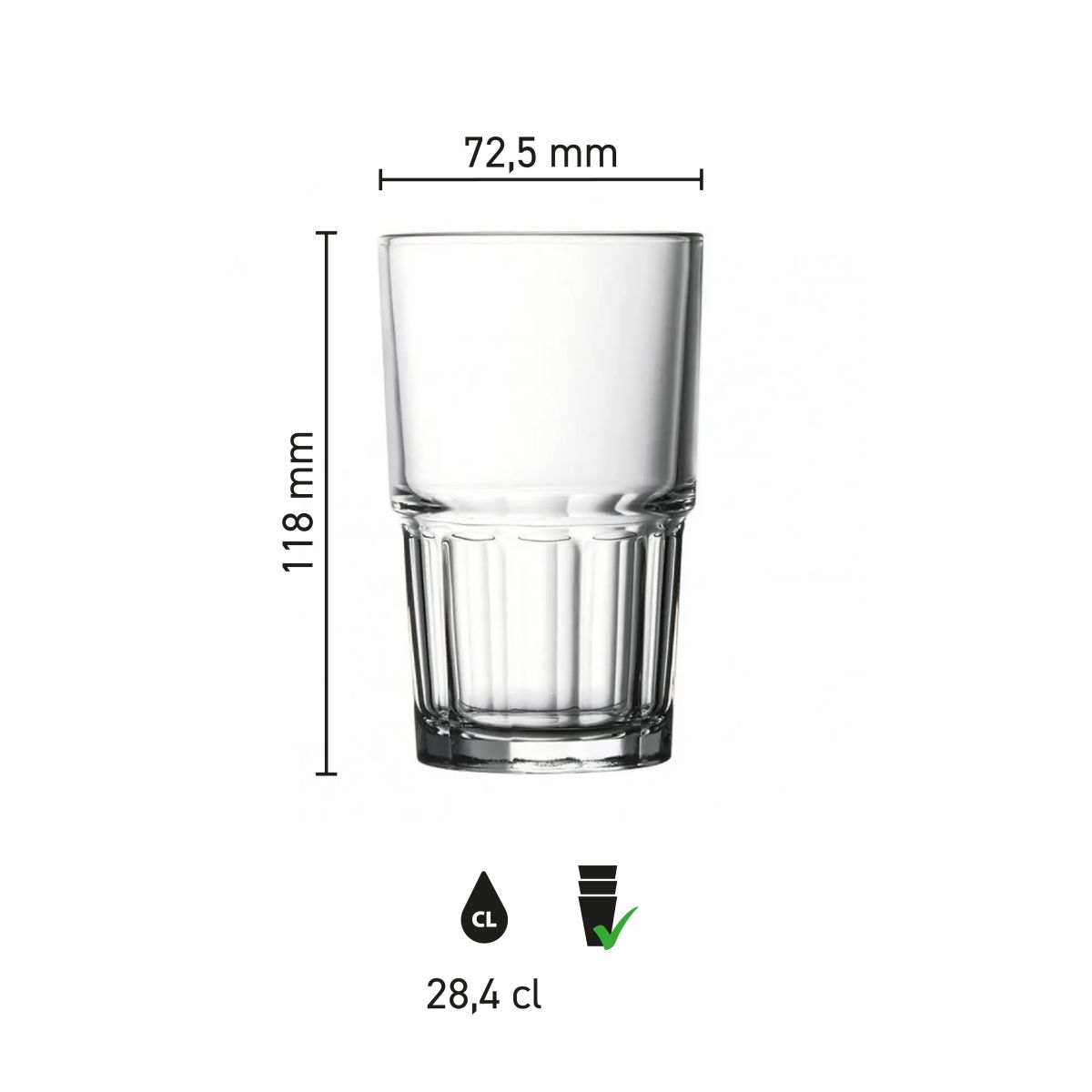 Infographic showing height and diameter of the Next Longdrink Stacking Glass 28.4 cl.