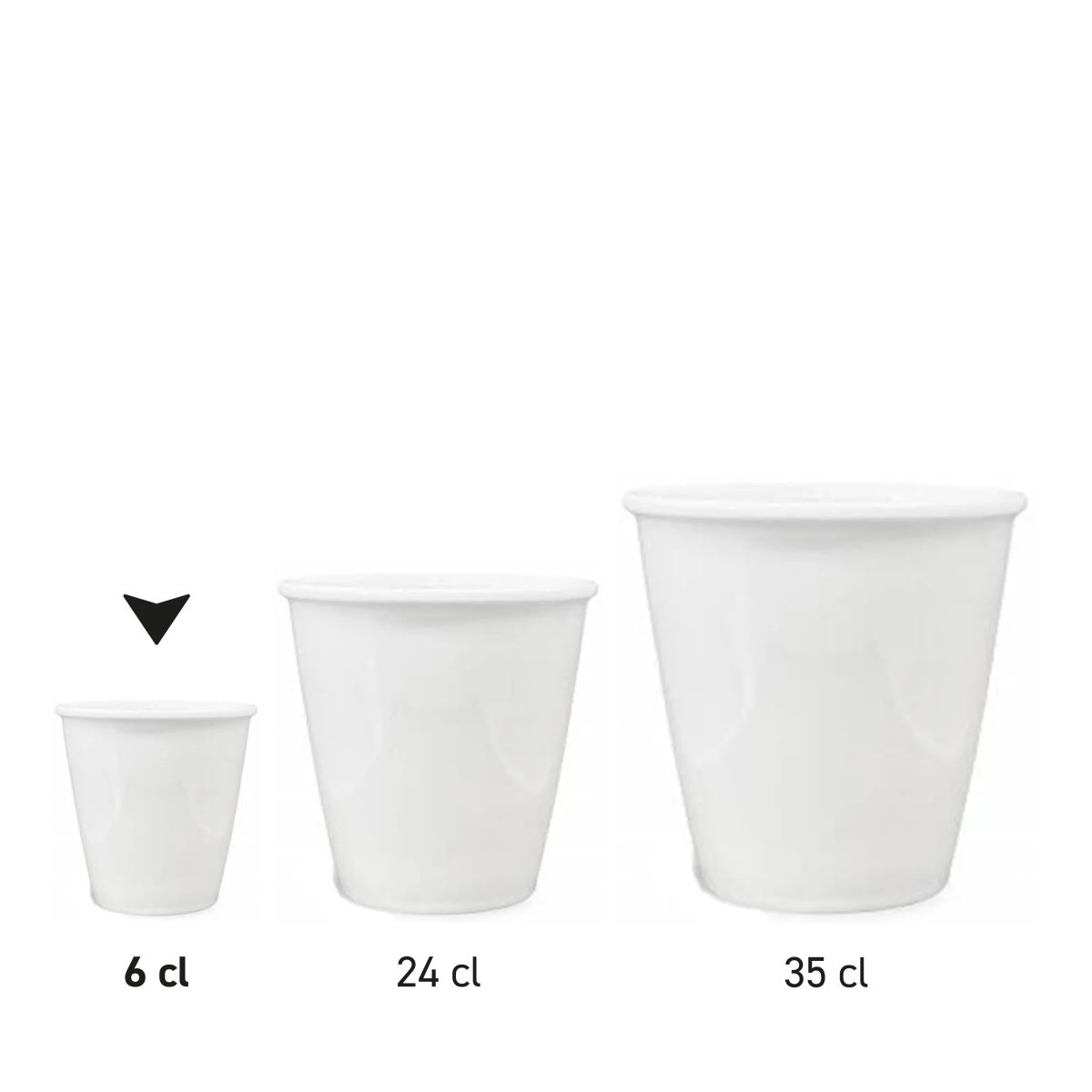 Overview image showing multiple porcelain paper cups in different capacity sizes.