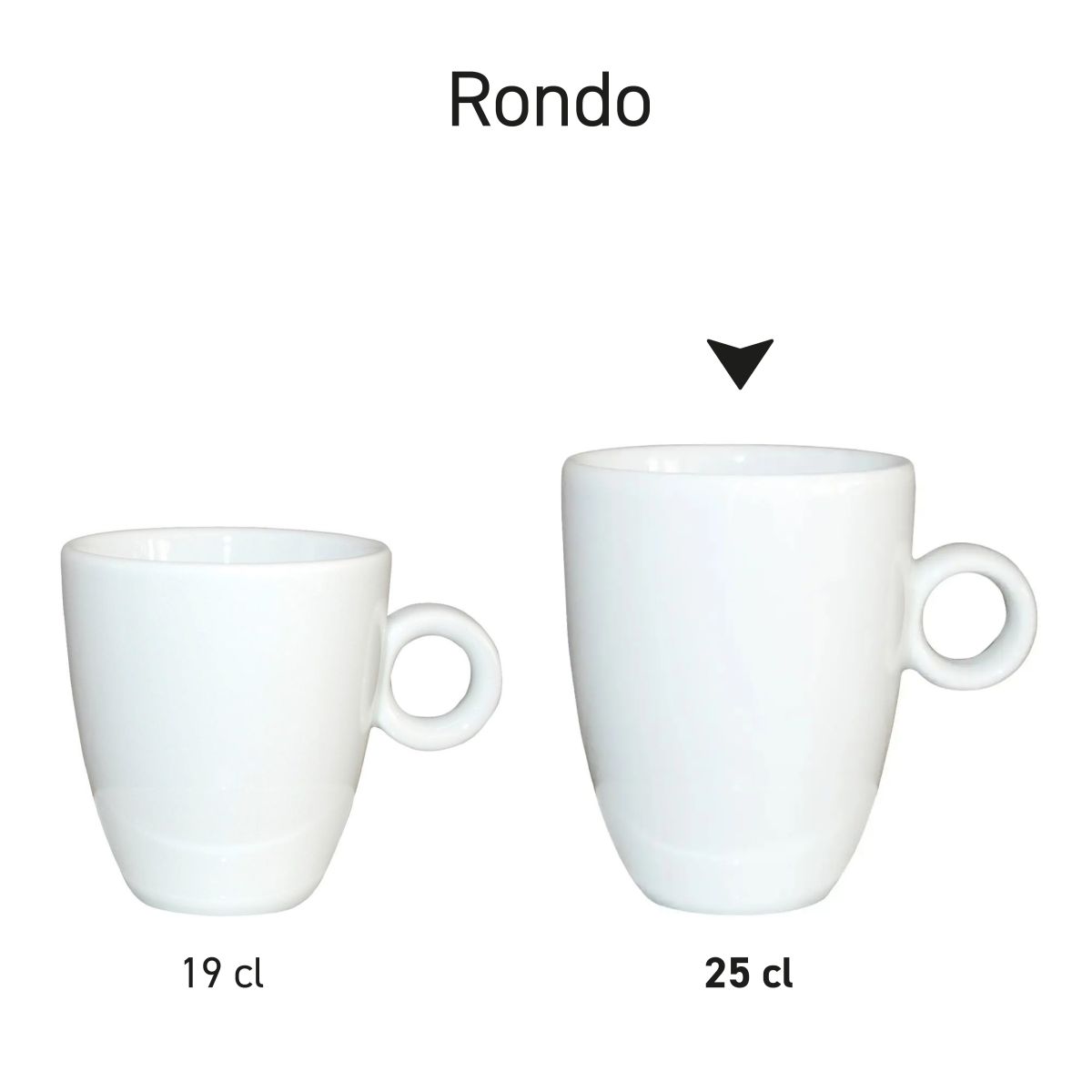 Rondo porcelain mugs presented in series with identical shape and different capacity sizes.