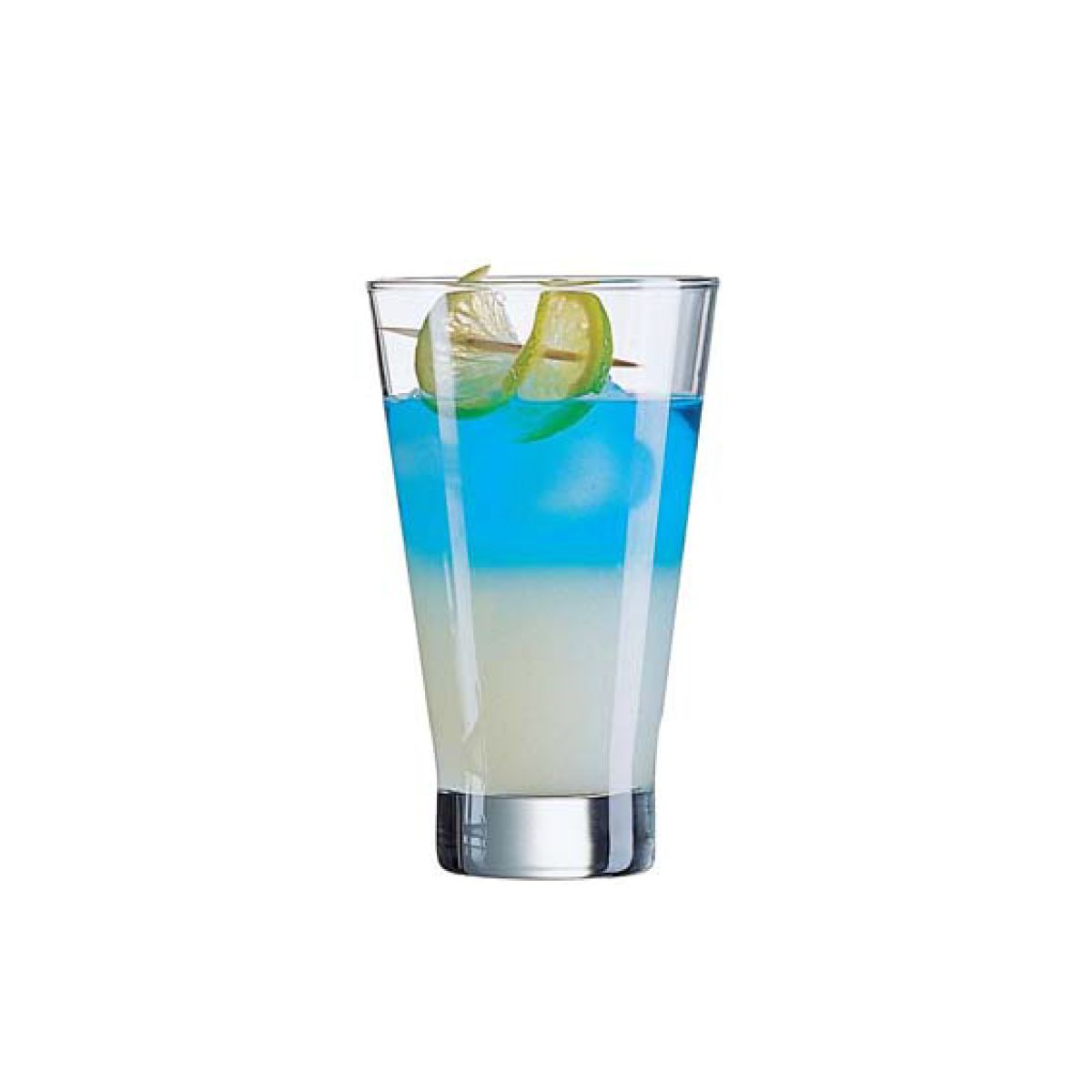 Filled Shetland 22 cl. glass on white background, clear glass with visible drink contents.