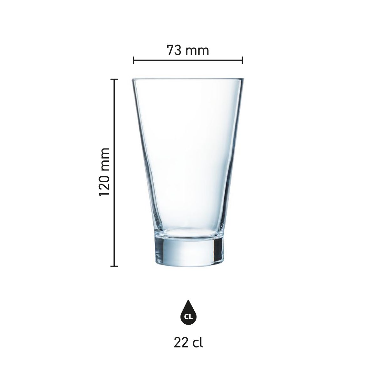 Infographic shows the exact dimensions of the Shetland 22 cl. glass in millimetres.