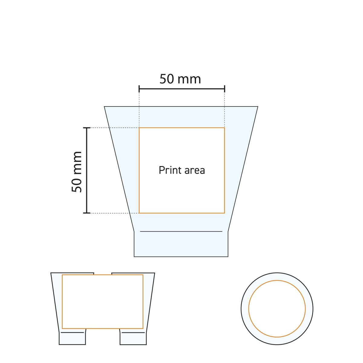 Printing area of the Shetland 25 cl. glass shown in a technical working drawing.
