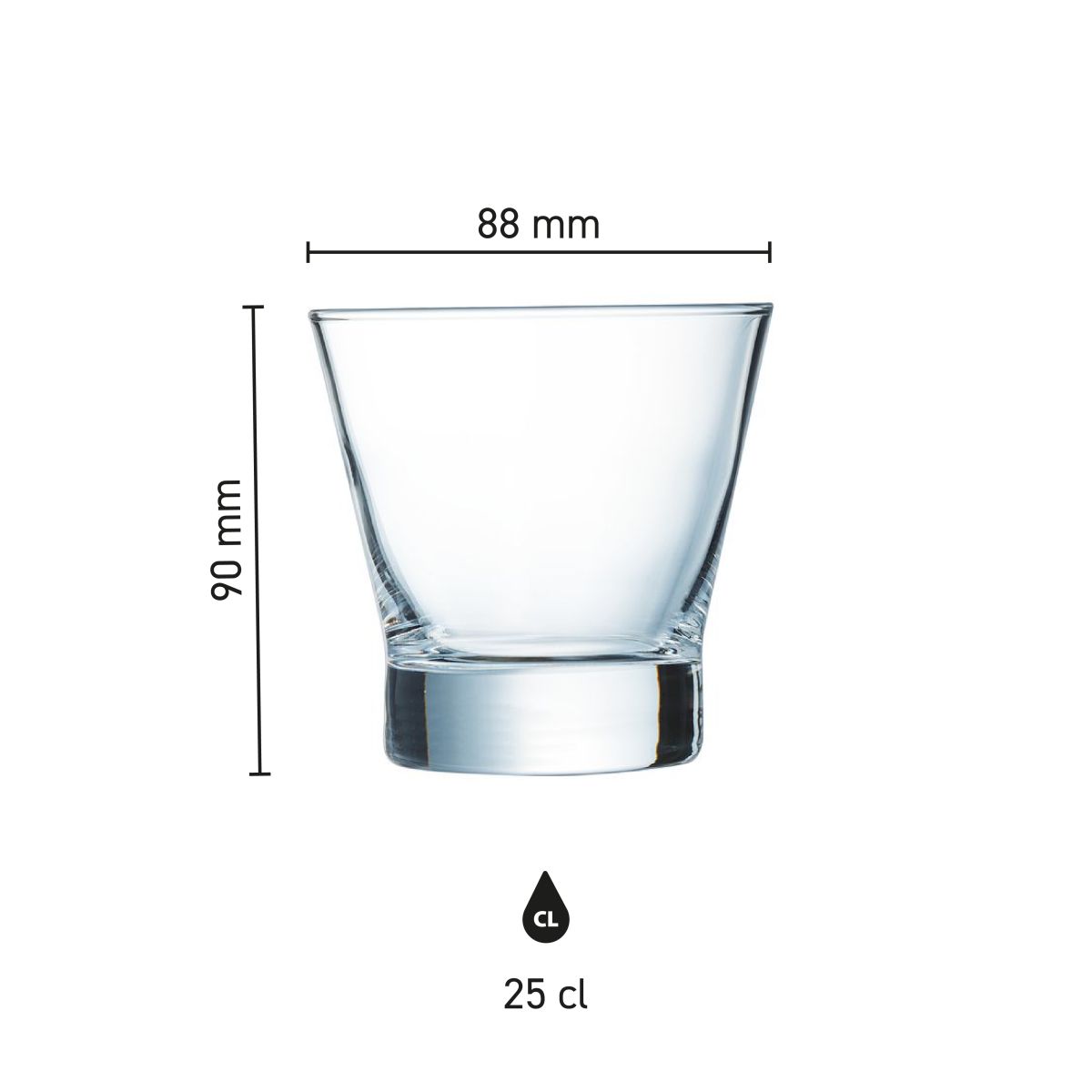 Graphic shows height and diameter of the Shetland 25 cl. glass in detail.