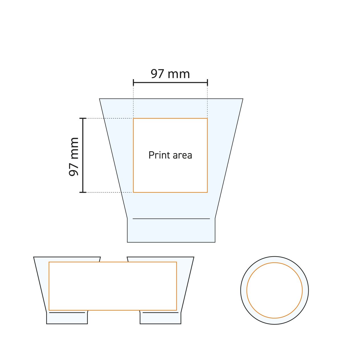 Printing area on the Shetland 32 cl. glass shown in a technical working drawing.