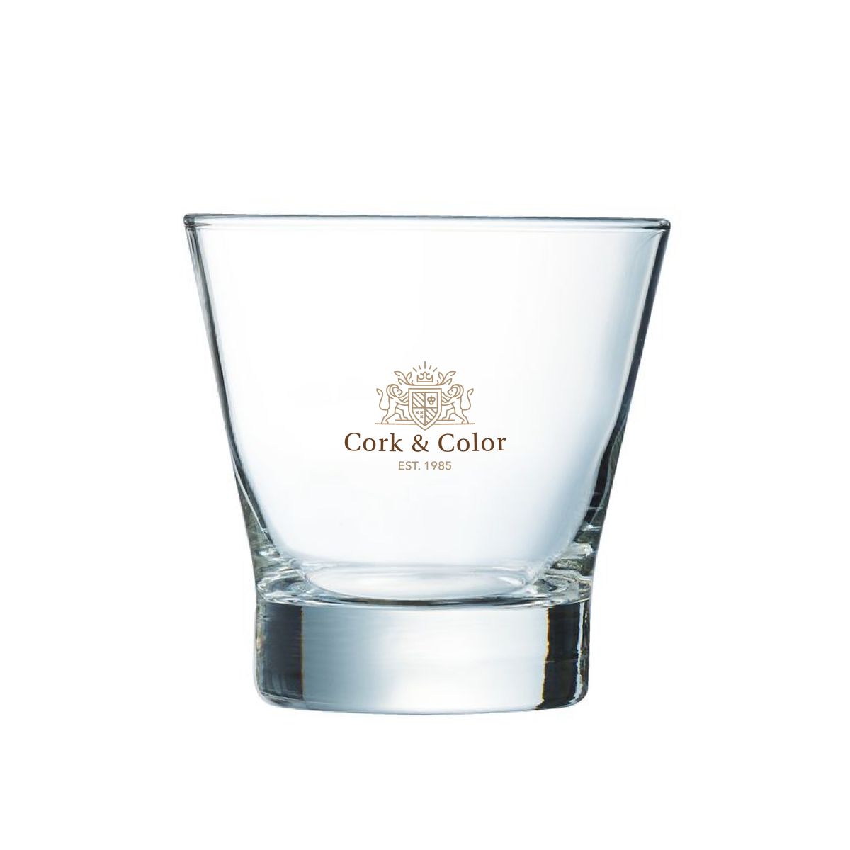 Front of the Shetland 32 cl. glass printed with multicoloured CorkColor logo.