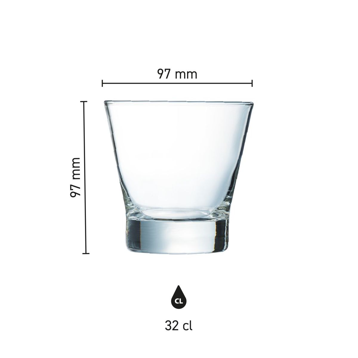 Infographic shows the dimensions of the Shetland 32 cl. glass in millimetres.