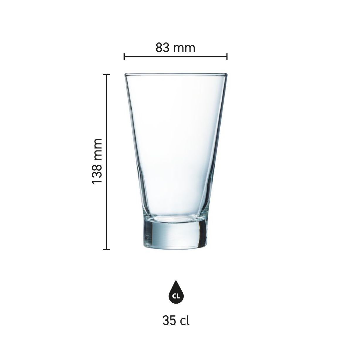 Infographic shows the exact dimensions of the Shetland 35 cl. glass in millimetres.