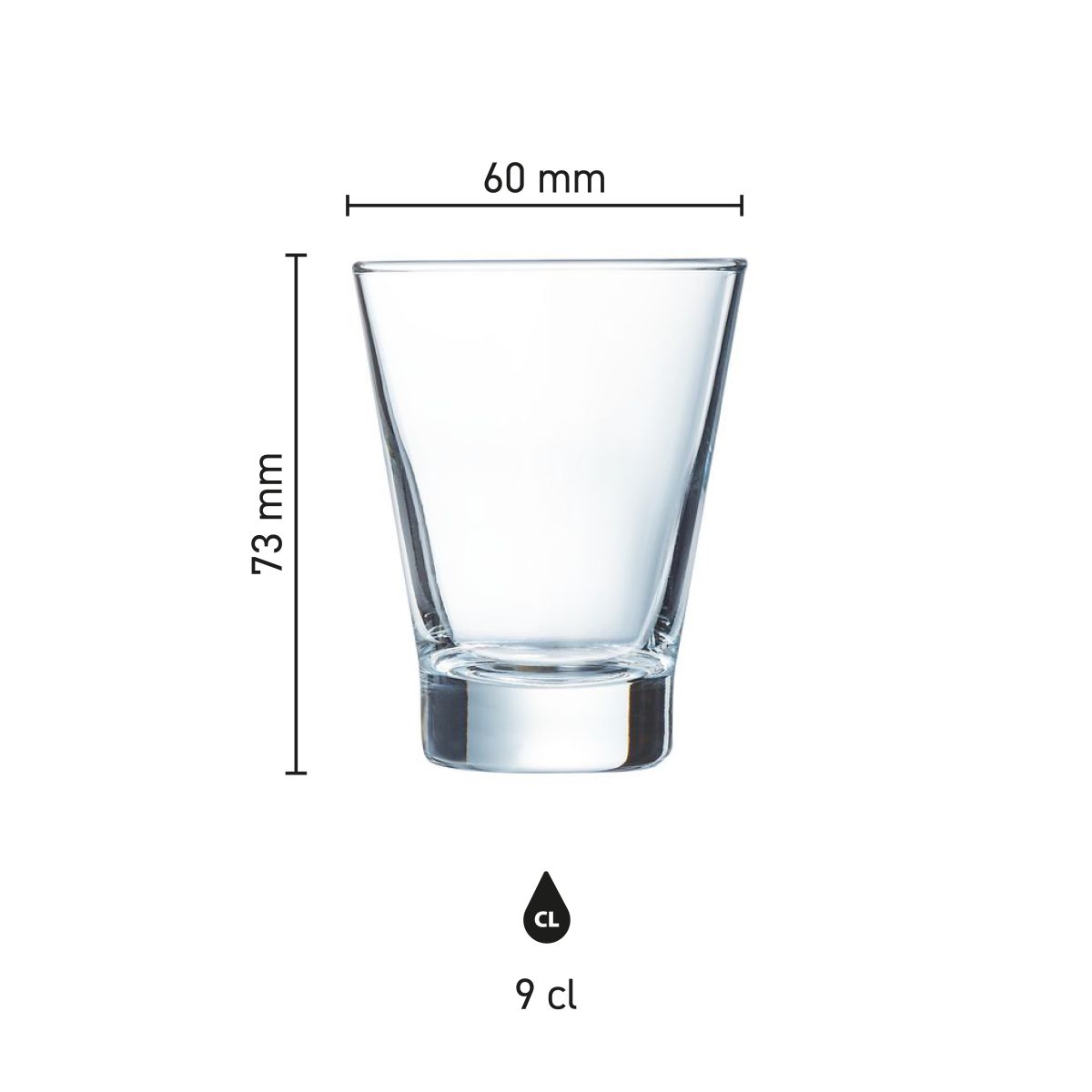 Infographic shows the exact dimensions of the Shetland 9 cl. glass in millimetres.